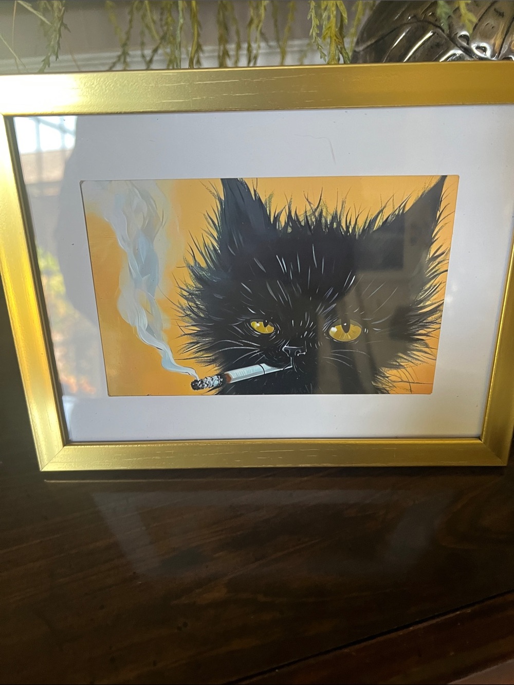 Black Smoky Cat Art Print in Gold Frame - Brand:
